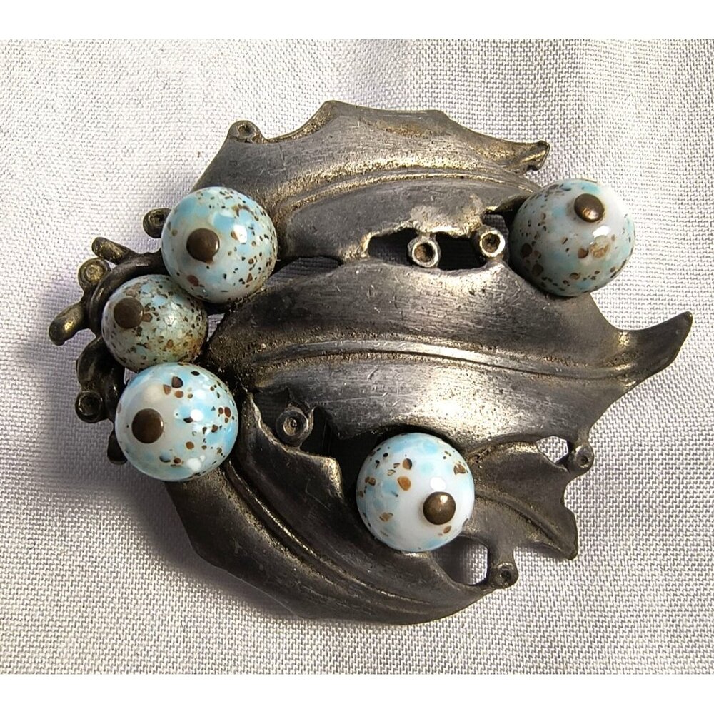 Vintage Silver-Tone Leaf Brooch With Speckled Blue Beads Repurposed Shoe Clip